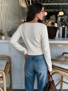 QUNGIGU Women Square Neck Sweater Ribbed Hem Basic Casual Knit Top For Fall Winter Daily Commuting Going Out Dating - White - View 3