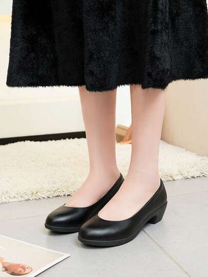 French Gentle Style Black Pointed Toe Pumps For Women, Solid Color Minimalist Elegant Design, Thick Heel For Stable And Comfortable Walking, Versatile For Commuting, Work, Dating, Banquet And Formal Occasions, High Heels With Sophisticated Elegant
