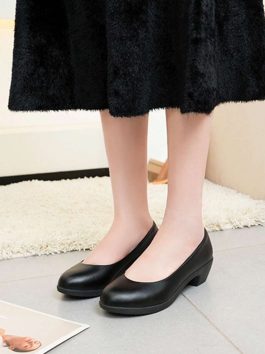 French Gentle Style Black Pointed Toe Pumps For Women, Solid Color Minimalist Elegant Design, Thick Heel For Stable And Comfortable Walking, Versatile For Commuting, Work, Dating, Banquet And Formal Occasions, High Heels With Sophisticated Elegant - Black - View 1
