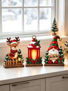 3pcs Christmas Wooden Desktop Decor Set, Reindeer Red Lantern Gnome Desktop Decoration, Ho Ho Ho Wooden Sign, Winter Christmas Holiday Home Window Sill Fireplace Table Decor, Home Decor, Theme Party Decor, Christmas Decoration - B - View 6