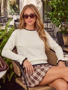Exquisite Contrast Color Slim Fit Knit Top, Vertical Stripes Slimming Effect, Neckline Hem And Cuff Line Accents, Ribbed Edge Durable, Can Be Worn Alone Or Layered, Suitable For Daily Commute, Date, Afternoon Tea, Shopping And Outings - Apricot - View 3