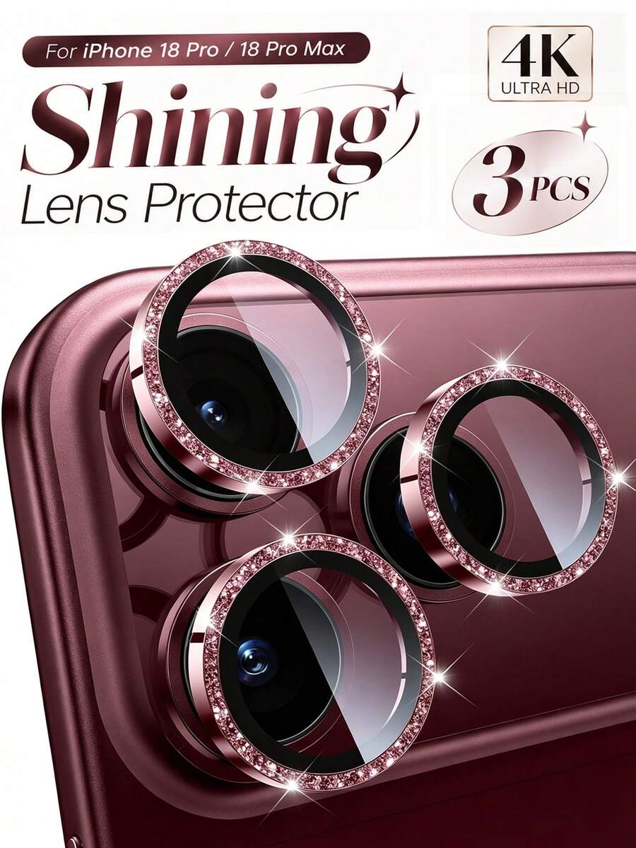 3Pcs GlitterCamera Lens Protector Compatible With Iphone 18 Pro/18 Pro Max , Individual Metal Cover Film, Case Friendly, Shatterproof HD Tempered Glass Camera Screen Protector-Burgundy - Burgundy - View 1