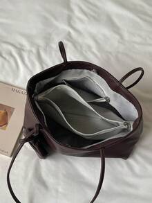 Vintage Brown Tote Bag With Small Square Pouch, Minimalist Large Capacity, Practical Commuter Women's Shoulder Bag - Coffee - View 11