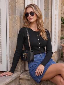 Black Small Round Neck Knitted Cardigan For Women, Vertical Ribbed Slim Fit Waist Gold Button Commute Long Sleeve Jacket, Suitable For Office Commute, Daily Shopping, Afternoon Tea Date, Spring/Autumn Single Wear, Autumn/Winter Layering Inner Wear - Black - View 6