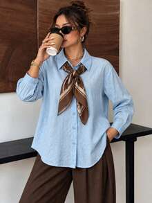 Kemeja Wanita Ukuran Besar Warna Biru Langit Bahan Linen Lengan Panjang dengan Kancing Depan, Potongan Longgar, Lembut, Bernapas, Ringan, Atasan Kasual - Biru langit - View 2