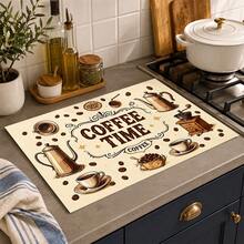 1pc Vintage Coffee Time Print Kitchen Dish Drying Mat, Coffee Pot Coffee Cup Coffee Bean Grinder Pattern Table Mat, COFFEE TIME Text Coffee Machine Countertop Mat, Home Kitchen Dining Room Coffee Bar Desktop Decor - Multicolor - View 2