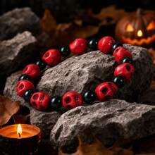 1pc Halloween Dark Style Bracelet, Cracked Red Turquoise Skull With Dark Green Round Beads, Stretchable Elastic Bracelet, Holiday Decoration Small Gift - Multicolor - View 2