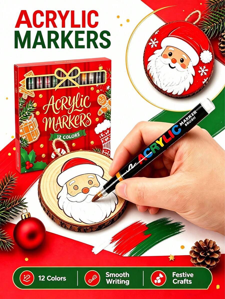 12pcs Acrylic Paint Brush Set And Acrylic Liquid Ink Marker Pens, Suitable For Decorating Greeting Cards And Art Crafts. Christmas Gift - Multicolor - View 1