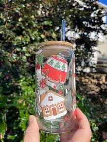 Christmas Gingerbread House & Snowman Print Glass Cup With Bamboo Lid And Glass Straw, Large Capacity Transparent Can-Shaped, Festive Atmosphere, Suitable For Home, Office Drinking And Daily Gifting - Multicolor - View 2