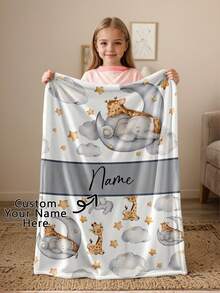 1pc Customized Name Baby Blanket, Personalized Infant Blanket, Cute Animal Pattern, Soft Flannel Throw, Nursery Decor, Baby Shower Gift - Multicolor - View 1