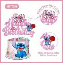Stitch Happy Birthday Cake Topper, Glitter Cartoon Character Cake Decor With Tropical Leaf And Flower Elements For Birthday Party Cake Decorations - View 4