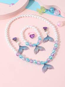 5pcs/Set Girls Mermaid Princess Jewelry Set, Faux Pearl Beaded Necklace, Bracelet, Ring, Ear Clips, Cute Party Gift For Girls - Multicolor - View 2