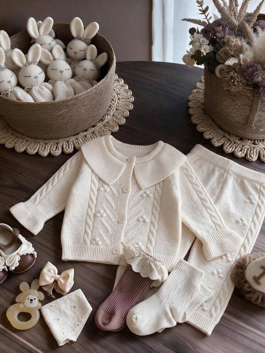 Baby Girl Gentle Knitted 2 Pieces Set, Cream White Hollow Cable Knit Puff Ball Collar Cardigan And Loose Cuffed Long Pants - Apricot - View 1