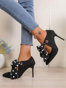 Fashion Women's High Heels, Polka Dot Ribbon Lace-Up, Pointed Toe Stiletto Heels, Suitable For Party, Date, Office - Black - View 5
