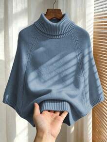 Women's Casual Autumn/Winter Solid Gray High Neck Batwing Sleeve Knit Top, Cinched Waist Textured Design, Everyday Commute Office Pullover - Dusty Blue - View 8