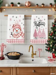 2 Pcs Pink Snowman Cardinal Bird Pink Christmas Trees Snowflakes Kitchen Towels Christmas Farmhouse Dish Towels Can Be Used In Kitchen Drying Hand Towels Tea Towels Suitable For Farmhouse Kitchen Home Indoor Dish Drying - Pink - View 4