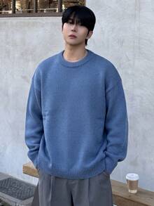 Men's Casual Loose Fit Solid Color Pullover Sweater, Streetwear American Style, Round Neck, Long Sleeve, Versatile, Autumn/Winter - Royal Blue - View 2