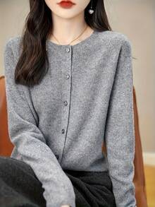여성용 봄가을 신상 단색 라운드네크 카디건, 패션 심플 루즈 멀티웨어 아우터 - 회색 - 보기 3
