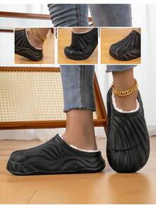 Solid Color Shell Casual EVA (Ethylene-Vinyl Acetate) Faux Fur Lined Slippers For Home, Vacation, Office, Autumn/Winter - Black - View 6