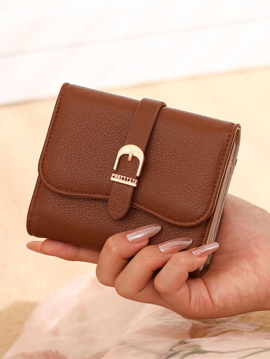 PRETTYZYS Fashionable Short Wallet 2026 New Solid Color Folding Snap Belt Design Korean Style Minimalist Multifunctional Card Holder Coin Purse ID Window Storage Wallet Christmas Gift Back To School Gift Valentine's Day Gift Mother's Day Gift All Season