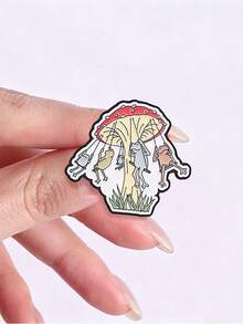 1 Pc Frogs Swinging Under Red Mushroom Enamel Pin, Cute Forest Cartoon Frog Brooch, Whimsical Nature Badge For Backpack Jacket - Multicolor - View 5