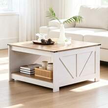 Mesa de Centro Moderna de Madera, Cuadrada Gris Lavado, Estilo Granja con Puerta en X y Esquineros Negros, con Estante - Blanco - Ver 1