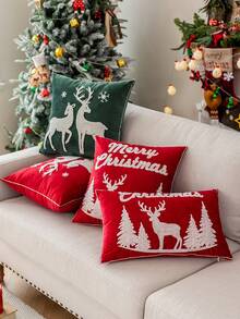 1pc 3D Embroidered Velvet Deer & Tree Pillow Case, Without Pillow Insert, Christmas Theme, All-Season Decorative Cushion Cover, Suitable For Living Room, Bedroom, Machine Washable - Red Cloth Reindeer With Tree - View 7