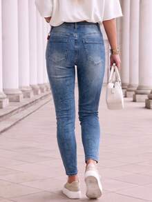 Women's Autumn Stretch Skinny Long Pants, Mid‑Rise Fit, Button‑Zip Fly, With Detachable Side Metal Chain, Classic Front Pockets, Slim Tapered Leg - JEANS - View 3