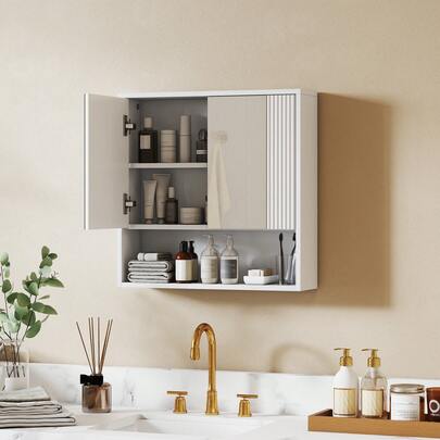 HOMCOM Wall-Mounted Bathroom Cabinet, Modern Wall-Mounted Bathroom Cabinet With Soft-Close Door, 2 Mirrored Doors, Open Compartment, Adjustable Shelf, For Living Room And Entryway, Space-Saving, White