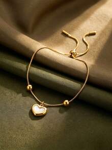 Camhanno 1pc Gold Stainless Steel White Shell Heart Pendant Adjustable Beaded Bracelet Women's Jewelry - Multi-color Style 2 - View 4