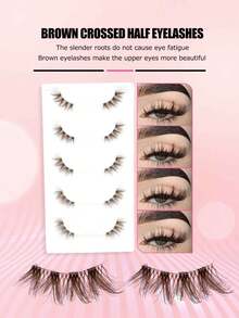 5 Pairs Brown Half-Eye Thick Voluminous Curly Natural Fluffy Faux Mink Eyelashes, Winged Tail, Lightweight Comfortable One-Piece False Eyelashes For Beginners - Brown - View 8