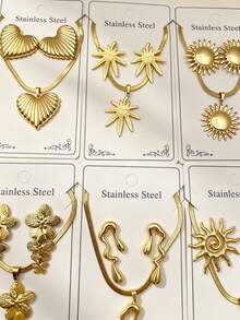 Gold Stainless Steel Jewelry - Random Style Delivery, Heart/Sun/Leaf Designs, Tarnish-Resistant, Perfect For Daily Wear & Gifting - Multicolor - View 7
