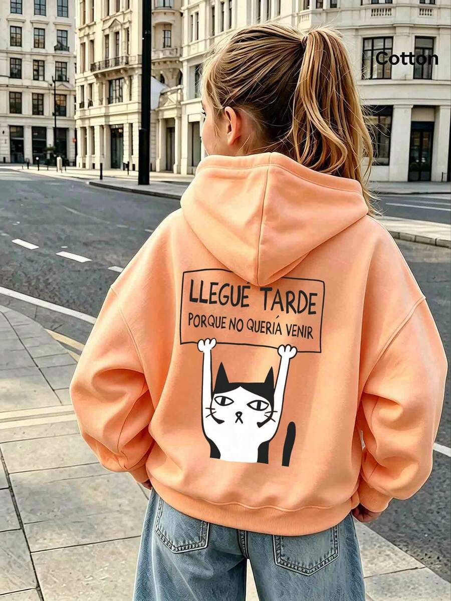 Autumn Girls' Custom Loose Melon Orange Hooded Sweatshirt, Cartoon Cat Sign And Letter Print, Casual Street Style - Hami Melon Orange - View 1