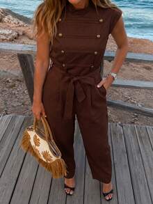 LUNNELUX Women Fall Brown Sleeveless Stand Collar Jumpsuit, Decor Button Belted Wide Leg Cropped Jumpsuit With Pockets, Halloween Daily Outfit - Brown - View 8