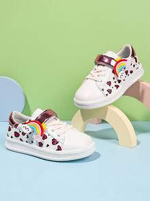 1 Pair Girls' Spring/Autumn White Sneakers With Cartoon Rainbow Decor, Hook And Loop Closure, Soft Sole, Anti-Slip, Casual Versatile Sports Shoes For Outdoor - Beige - View 1