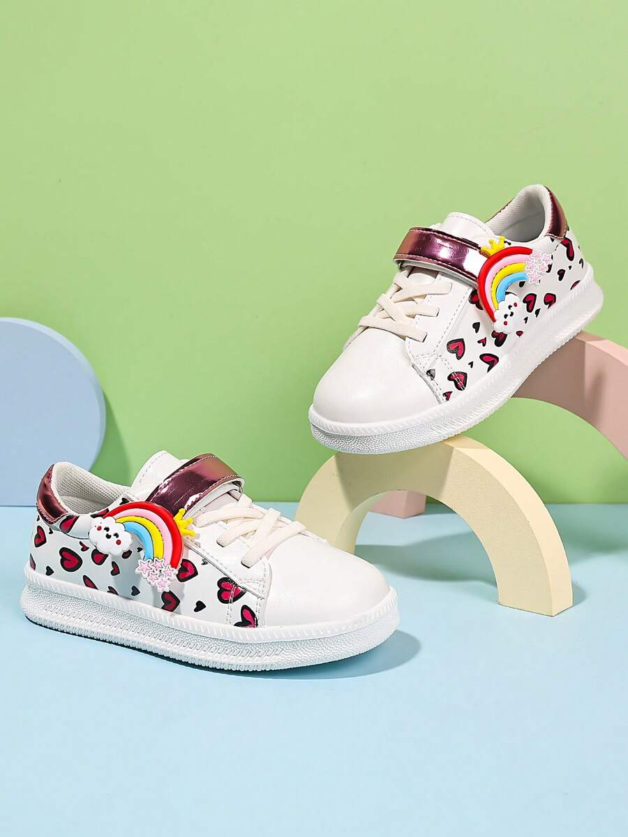 1 Pair Girls' Spring/Autumn White Sneakers With Cartoon Rainbow Decor, Hook And Loop Closure, Soft Sole, Anti-Slip, Casual Versatile Sports Shoes For Outdoor - Beige - View 1