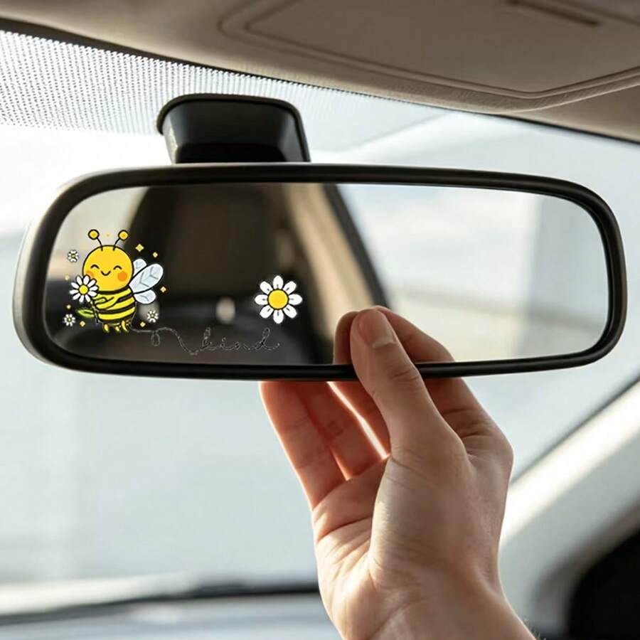 Vinyl Rearview Mirror Decals Feature Cute Cartoon Bee Designs With Floral And Butterfly Patterns. These Glossy Stickers Are Perfect For Decorating Cars, Laptops, And Bottles - L - View 1