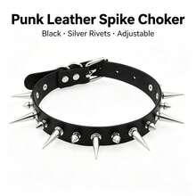 1pc Fashion Unisex Cool Punk Gothic Metal Rivet Chain Leather Choker Necklace - Black - View 1