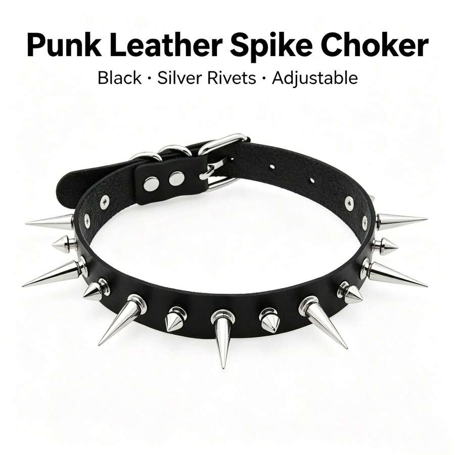 1pc Fashion Unisex Cool Punk Gothic Metal Rivet Chain Leather Choker Necklace - Black - View 1
