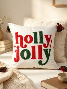 1件裝「Holly Jolly」聖誕抱枕套 紅白綠拼接色塊流蘇靠墊套 客廳沙發節慶裝飾（僅含枕套，不含枕芯）可機洗 隱形拉鍊設計 - 彩色 - 查看 5