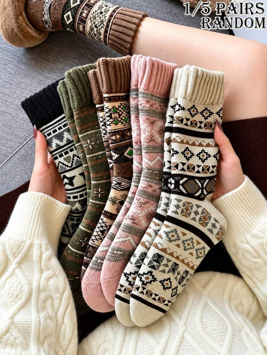 1/5 Pairs Random Women's Mid-Calf Socks, Multi-Color Diamond Snowflake Striped Print Ribbed Detail Comfortable Warm Vintage Preppy Style Socks Suitable For Christmas And Back To School Season Outfits - Multicolor - View 1
