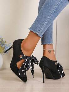 Fashion Women's High Heels, Polka Dot Ribbon Lace-Up, Pointed Toe Stiletto Heels, Suitable For Party, Date, Office - Black - View 4