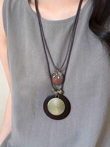 Set Kalung Tali Kulit Gaya Bohemian 4 Buah dengan Liontin Kayu & Tembaga, Aksesori Ringan Vintage Serbaguna untuk Musim Gugur/Dingin, Hadiah Sempurna - MultiWarna - View 5