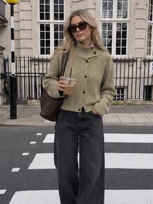 MUMRAP Cárdigan de punto casual de unicolor con cuello alto y botones para mujer, ajuste holgado retro de manga larga para otoño - Verde Oliva - Ver 3