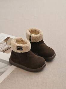 RS Kids Deep Brown Faux Suede Fur Collar Lining Ankle Boots, Side Zipper Round Toe Soft Sole Warm Winter Toddler Boots, Daily Wear - Brown - View 1