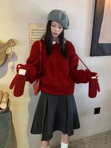 Women's Red Cable Knit Pullover Long Sleeve Sweater Top, Autumn/Winter - Red - View 6