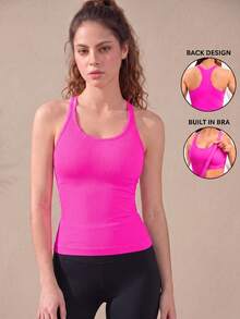 Women Sports Tank Top, Ribbed Seamless Scoop Neck Athletic Tank, Elastic Band Support, Removed Padded Workout Tank - Hot Pink - View 9