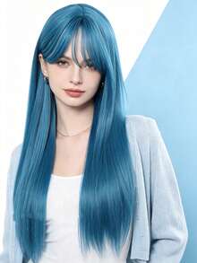 1 Piece Synthetic Heat-Resistant Straight Hair 28 Inch Long Straight Mint Blue Wig Middle Part Bangs Natural Looking Soft Heat Resistant Wigs For Party Daily Use, Halloween - Multicolor - View 4