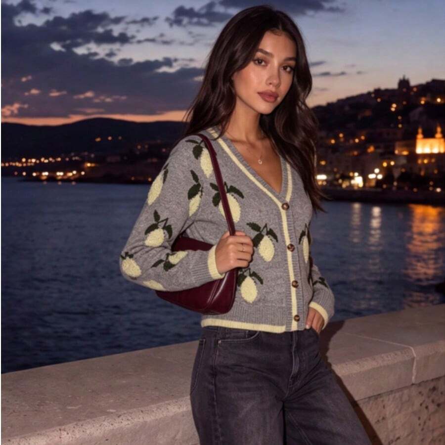 Women's Grey Knitted Cardigan, Front Button Design, Lemon Print, Long Sleeve Regular Fit Sweater, Suitable For Autumn Wear - Grey - View 1