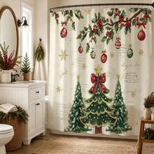 1pc Christmas Tree & Christmas Ball Shower Curtain, Vintage Design, Waterproof Bath Curtain, Suitable For Bathtub Partition, Bathroom Decor And Bathroom Accessories, Home Decor Gift, Includes 12 Hooks - Multicolor - View 9